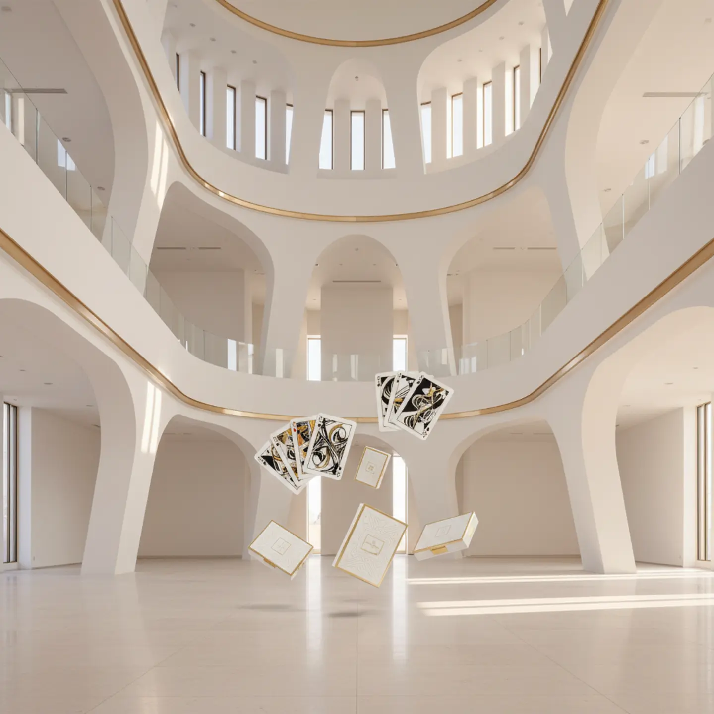 A gallery exhibition of premium playing cards floating elegantly.